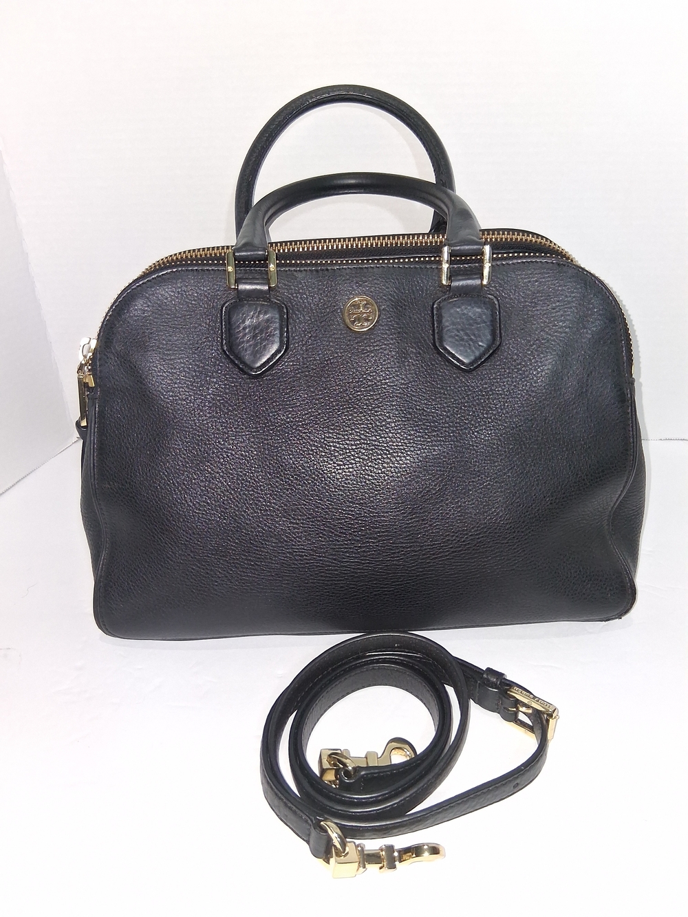 Tory Burch Black Pebbled Leather Satchel with Gold Hardware